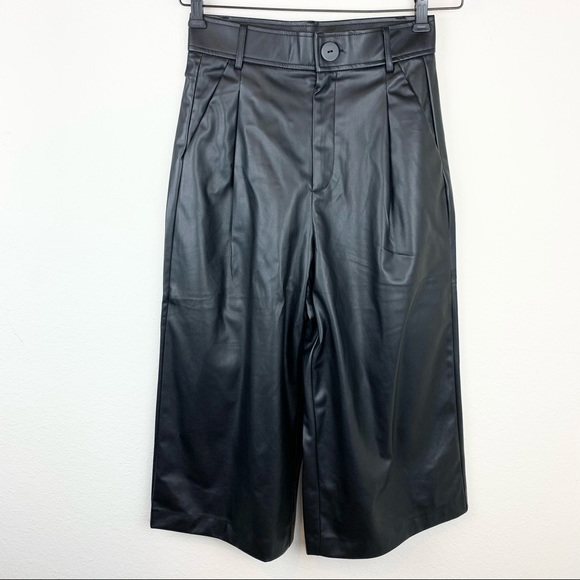 Zara Wide Leg Crop Trousers Faux Leather Baddie Capri - Picture 3 of 12
